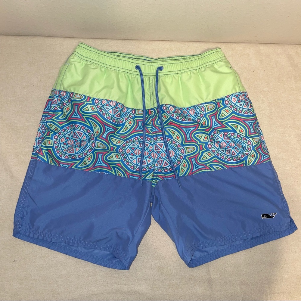 Vineyard Vines Mens Green and‎ Blue 7 inches Printed Swim Trunk Size S